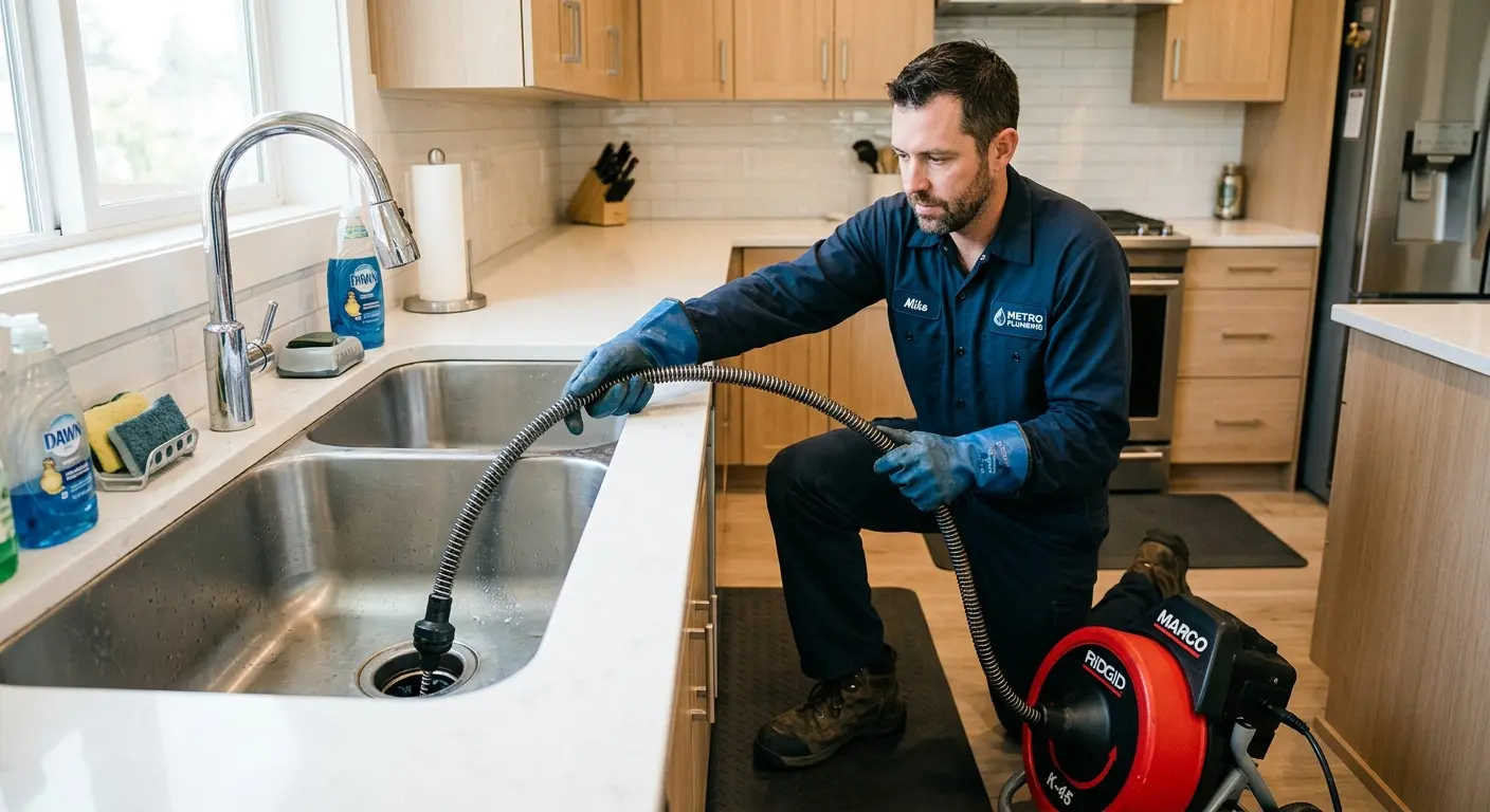 Drain cleaning technician using a motorized snake on a kitchen sink in Portland