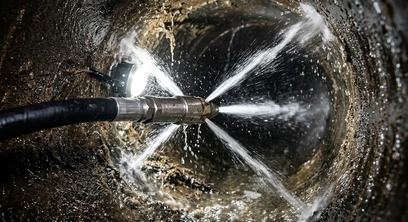High-pressure hydro jetting nozzle cleaning sewer pipe for Trenchless Sewer Repair in Portland