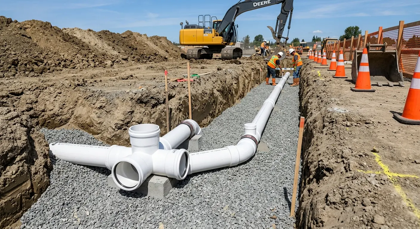 New PVC sewer pipe installation in open trench for Commercial Drain Cleaning in Portland